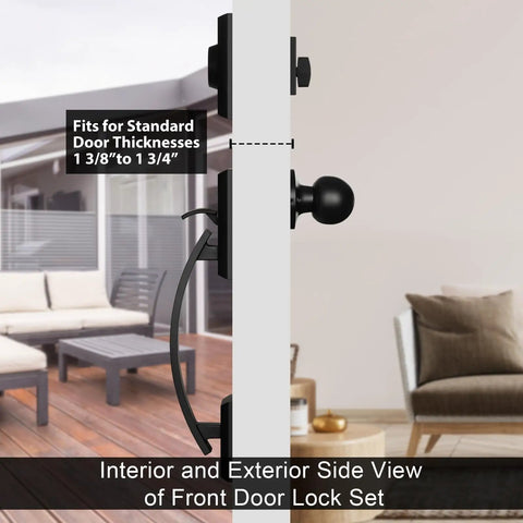 Interior and exterior side view of Black Front Door Lock Set With Deadbolt And Reversible Handle Single Cylinder Exterior Door Lockset Built To Last Heavy Duty Zinc Alloy Construction Durable Black Finish Easy Installation For Left Or Right Door on white door, showing fit for door thickness 1 3/8 to 1 3/4.