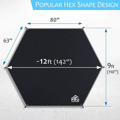 Hexagonal design of Waterproof Hammock Rain Fly Hex Tarp 12 By 9 Feet Portable Large Camping Shelter showing dimensions.