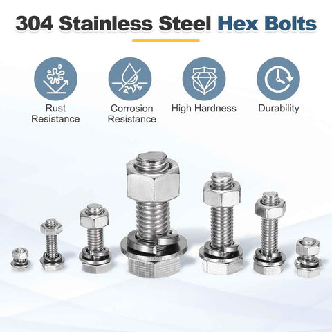 Built Tough M3 X 6mm 304 Stainless Steel Hex Head Screws Plus Bolts Assortment Kit With Nuts Flat Lock Washers Fully Threaded Heavy Duty Hardware For Home Shops And Car Mods displayed with various sizes and designs, showcasing durability and rust resistance.