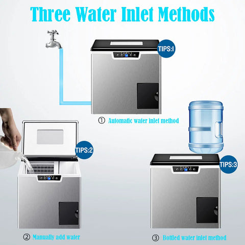 Heavy Duty Countertop Ice Maker Machine Portable Bullet Ice Cube Maker Self Cleaning Design showing three water inlet methods.