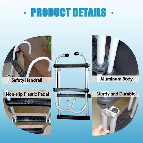 4 Step Aluminum Boat Ladder With Removable Folding Design, Beefy Heavy Duty Marine Stepladder, Durable Aluminum Build Handles Up To 500 Lbs, Easy Storage For Boats, Yachts, Pontoon, Ships, And Fresh Or Salt Water Use, shown with non-slip pedals and handrails
