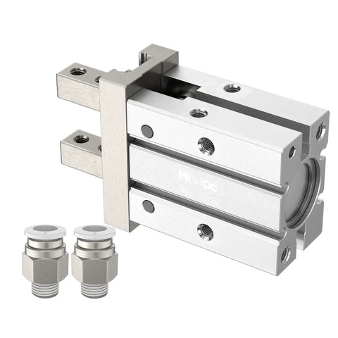 Parallel Pneumatic Gripper Claw With Magnetic 1 Inch Bore Mini Finger Air Cylinder Gripping Forcep MHZ2-25D shown with fittings