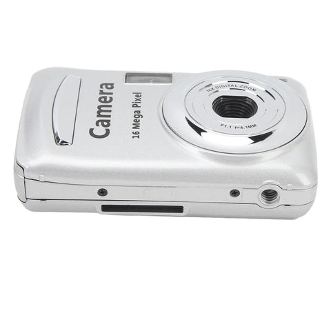 Side view of Dope 16MP High Definition Camera With 1080P Video Recording And 16X Digital Zoom, Portable Silver Gray Pocket Camera.