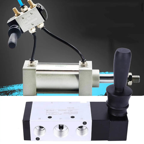Five Port Three Position Pneumatic Manual Control Valve Easy Install With L Type Body For Air Systems 0 To 0.8 MPa Two Position Three Way Toggle Switch With Spring Return, showing ports and toggle switch detail.
