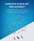 Heavy Duty Complete Screw Kit For iPhone 13 Repair Including Bottom Pentalobe And Battery Security Screws Precise Snap Fit For A2631 A2633 A2634 A2635 A2482 assortment of various screws in black, silver, and gold on blue background.