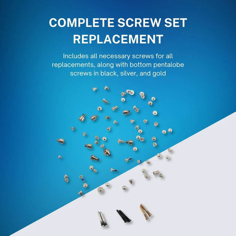 Heavy Duty Complete Screw Kit For iPhone 13 Repair Including Bottom Pentalobe And Battery Security Screws Precise Snap Fit For A2631 A2633 A2634 A2635 A2482 assortment of various screws in black, silver, and gold on blue background.