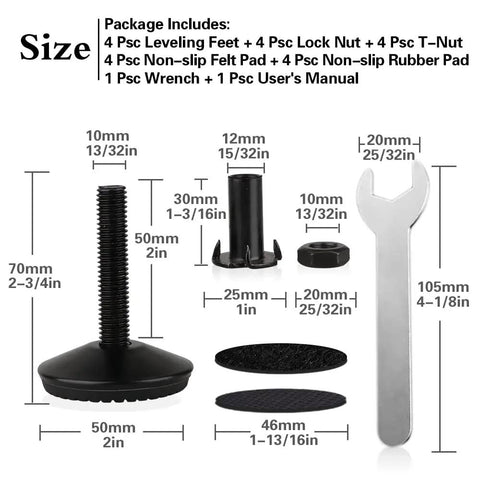 4 Pack M10 Adjustable Leveling Feet For Cabinets, Tables And Chairs, Heavy Duty Self Leveling Furniture Levelers With T Nut, Screw On Feet details