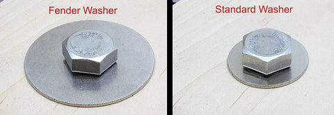 Stainless steel fender washer (left) with hex nut on wood; stainless steel standard washer (right) with hex nut on wood.