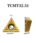 Gold triangular indexable carbide lathe insert with central bore; side-view rectangular carbide insert holder (TCMT32.51)