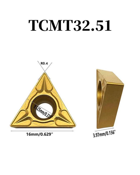 Gold triangular indexable carbide lathe insert with central bore; side-view rectangular carbide insert holder (TCMT32.51)