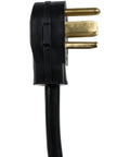 Close-up of 90° plug on 30 Amp Dryer Power Cord 4 Prong With Copper Eyelet Connectors 5 Foot Length Color Coded Wires UL Listed