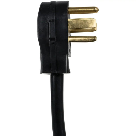 Close-up of 90° plug on 30 Amp Dryer Power Cord 4 Prong With Copper Eyelet Connectors 5 Foot Length Color Coded Wires UL Listed