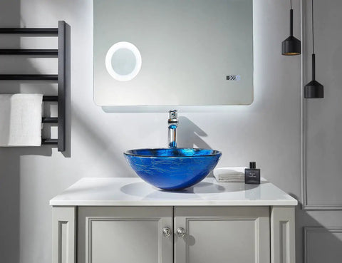 Star Blue Ocean Mystery Glass Vessel Sink For Above Counter Vanity, Tempered Deco Glass Bowl With Pop Up Drain, Starry Blue Finish