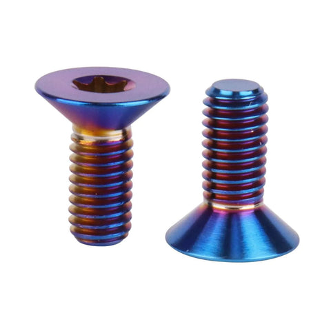 Front view of Top Notch Titanium Bolts 4 Piece Set M5 X 12mm Torx Head Countersunk Flat Burnt Blue Finish Grade 5 6Al 4V Alloy Fasteners.