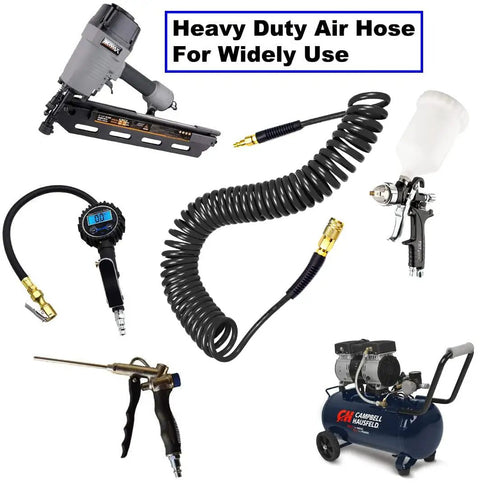 Durable Polyurethane Recoil Air Hose 1/4 Inch Inner Diameter 25 Foot Long With Bend Restrictor And 1/4 Inch Quick Coupler Plug Kit Black 2 Pack Pro Grade Kink Resistant Oil And Chemical Resistant coiled with attached tool and compressor