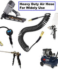 No Fuss Self Coiling Air Hose Polyurethane Recoil Design 3/8 Inch By 25 Feet with pneumatic tools and compressor in use.