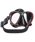 Synergy 2 Twin Trufit Diving Mask with Comfort Strap showing black frame, double skirt fit, ultra-clear low volume lenses, and wave strap.