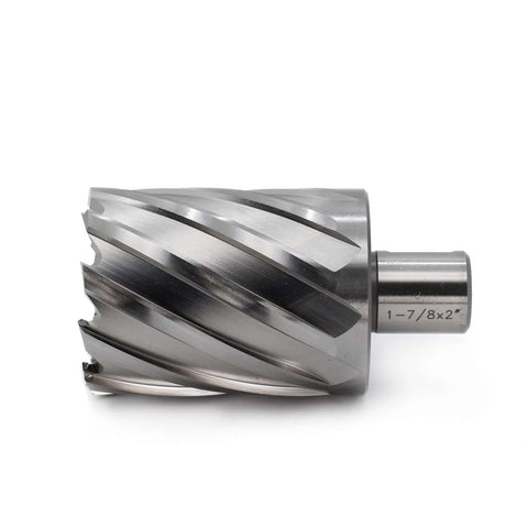 Side view of OSCARBIDE annular cutter with Weldon shank, 1-7/8 in cutting diameter, 2 in depth of cut.