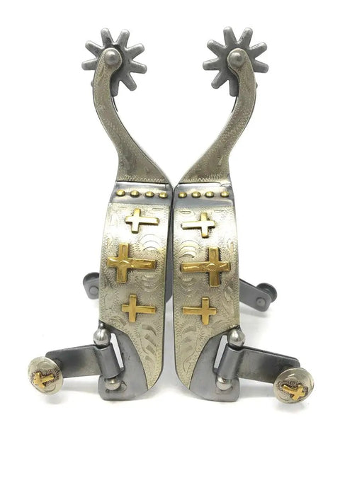 Sweet Iron Triple Cross Spurs For Men With Hand Engraved Silver Overlay And Gold Triple Cross And Dots Motif, 1 Inch Band