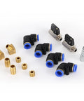Components of Industrial Air Line Kit With Fourteen Piece Push To Connect System including brass couplers and plugs.