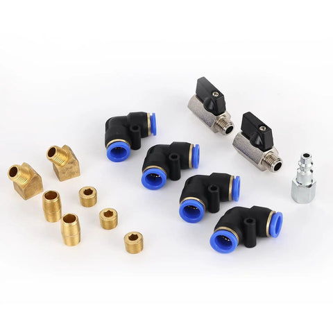 Components of Industrial Air Line Kit With Fourteen Piece Push To Connect System including brass couplers and plugs.