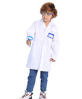 Child wearing Kids Doctor Scientist Lab Costume Set For Role Play Four Piece Dress Up Kit With Thick White Coat Goggles ID Card
