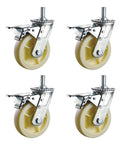 Eight Inch Swivel Casters With Double Brakes, Heavy Duty M20 Threaded Stem Carts And Furniture Wheels, Set Of Four rubber rollers with galvanized steel brackets.