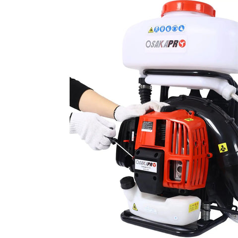 Gas Powered Backpack Sprayer And Cold Fogger With 51.7cc Engine And 14L Tank, showing adjustment of engine controls
