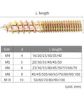 Double Ended Hanger Bolts Set Yellow Zinc Plated For Wood Furniture M4 M5 M6 M8 M10 Sizes With M4x40mm Length 20 Pieces Self Tapping Dowel Screws For Beds Tables Chairs DIY Shelves And Frames sizes chart.
