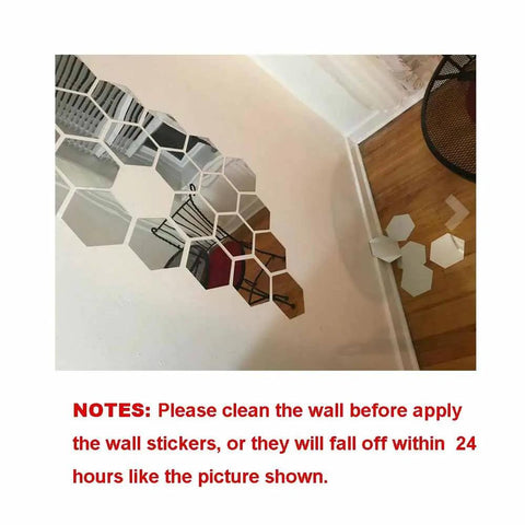 Dope 12 Pack Hexagon Mirror Wall Decals 9 Cm Acrylic Silver Removable Stickers partially applied on wall