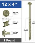 Yellow Hex Exterior Lag Screws Number 12 By 4 Inch, 26 Piece Bag, Rust Resistant Washer Head profile and dimensions displayed.