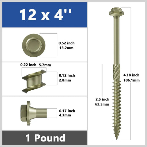 Yellow Hex Exterior Lag Screws Number 12 By 4 Inch, 26 Piece Bag, Rust Resistant Washer Head profile and dimensions displayed.
