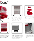 Heavy Duty Metal Bin Rack Storage Organizer System With 76 Removable Bins For Tools Hardware Nuts Bolts In Garage Workshop Factory Durable Steel Frame For Easy Access And Top Notch Shop Organization showing multiple red bins and shelving details, highlighting assembly and feet.