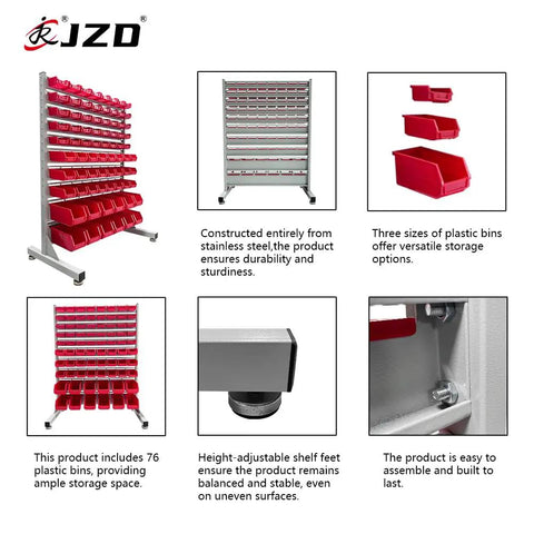 Heavy Duty Metal Bin Rack Storage Organizer System With 76 Removable Bins For Tools Hardware Nuts Bolts In Garage Workshop Factory Durable Steel Frame For Easy Access And Top Notch Shop Organization showing multiple red bins and shelving details, highlighting assembly and feet.