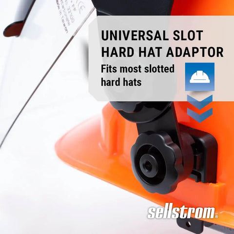 Close-up of universal slot adapter on hard hat for Universal Slot Adapter Safety Face Shield For Plasma And Flame Cutting And Grinding.