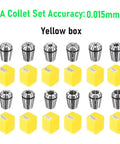Premium ER Collet Set For Precision Machining With A Grade Accuracy Of 0.015mm displayed in a yellow box arrangement.