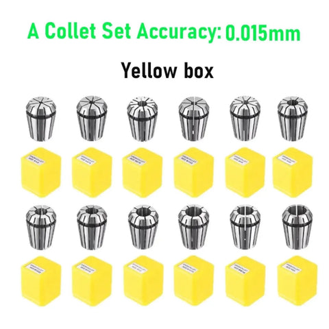 Premium ER Collet Set For Precision Machining With A Grade Accuracy Of 0.015mm displayed in a yellow box arrangement.