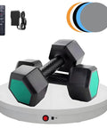 Huge 52cm Motorized Turntable For Product Photography Showcasing With Remote Control And Five Vibrant Backdrop Colors displaying dumbbells.