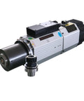 Heavy Duty 12KW Air Cooled Motorized Spindle Packs Raw Speed And Smooth Rotation For Serious CNC Milling And Rock Solid Wood Or Metal Projects At 24000 RPM With ISO30 Taper close-up of spindle with black and silver finish.