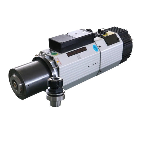 Heavy Duty 12KW Air Cooled Motorized Spindle Packs Raw Speed And Smooth Rotation For Serious CNC Milling And Rock Solid Wood Or Metal Projects At 24000 RPM With ISO30 Taper close-up of spindle with black and silver finish.