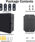 Package contents of Heavy Duty Waterproof Electrical Junction Box With Hinged Lid: junction box, wall brackets, screws, and mounting plate.