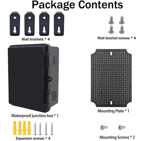 Package contents of Heavy Duty Waterproof Electrical Junction Box With Hinged Lid: junction box, wall brackets, screws, and mounting plate.