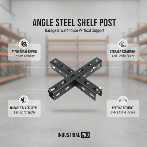 Heavy Duty Vertical Post For Standard Angle Steel Shelving Systems showing structural repair and storage expansion features.