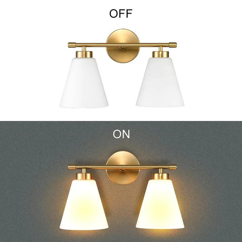 Dope Gold Bathroom Vanity Light Fixture With Frosted Glass Shade Two Light Over Mirror Vanity Lighting Brass Wall Lamps, on and off view