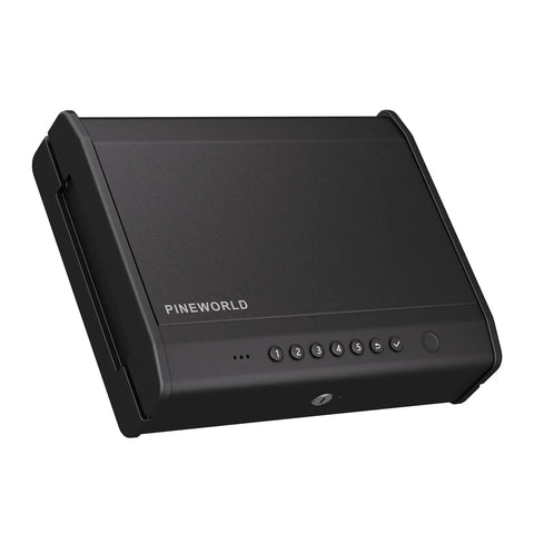 Biometric Gun Safe With Fingerprint Scanner And Raised Backlit Keypad Secures Two To Four Pistols Quick Draw Vault in black steel design.