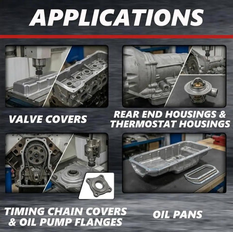 Applications for Blue RTV Silicone Gasket Maker Cartridge 300ml, shown on valve covers, rear end housings, oil pans.