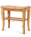 Bamboo Shower Bench 19 Inch Waterproof Shower Chair with Storage Shelf, shown with dimensions and design details