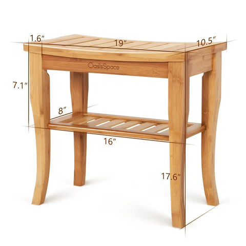 Bamboo Shower Bench 19 Inch Waterproof Shower Chair with Storage Shelf, shown with dimensions and design details