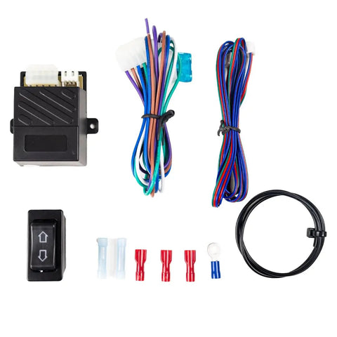 12V Linear Actuators Wiring Kit With 2 Way Rocker Switch Relays, multicolored wires, connectors, and black switch visible