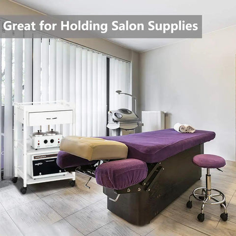 Rolling Salon Trolley Cart With Wheels And Two Open Trays Plus A Drawer Wooden Mobile Storage Station in spa setting